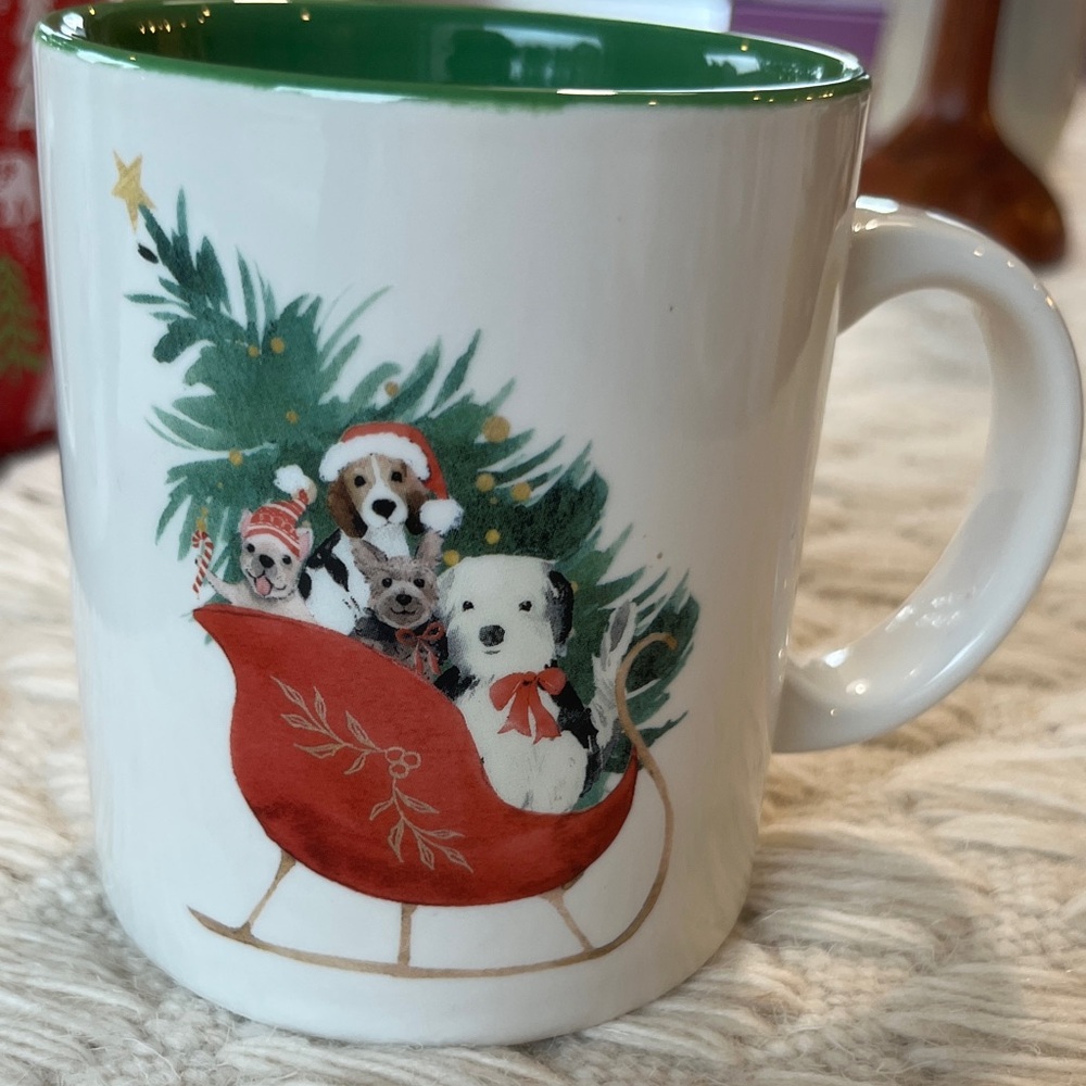 NWT Festive Holiday Santa Paws Dog Mug with Green Interior